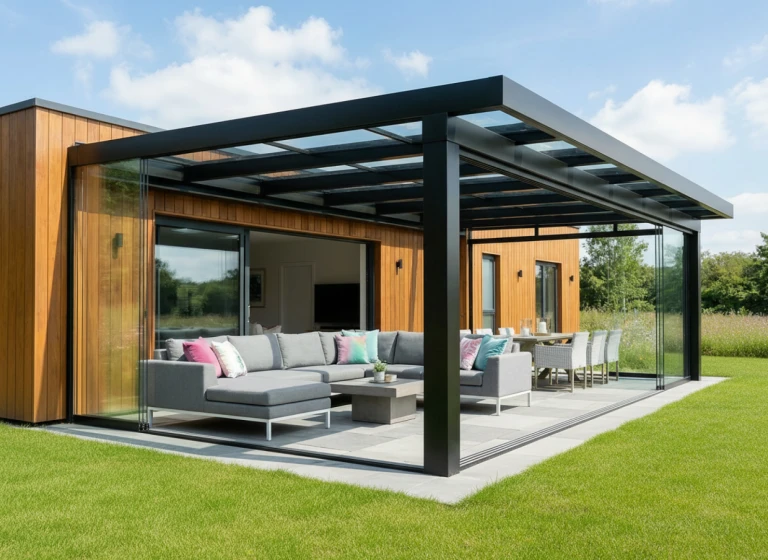 Moderná presklená pergola s čiernou hliníkovou konštrukciou a sivým záhradným nábytkom na terase pri drevenom dome.